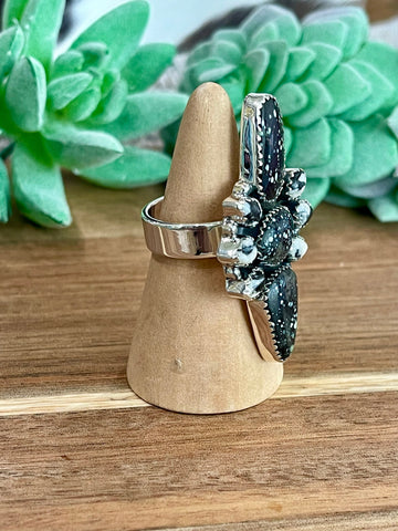 Beautiful Handmade New Lander Turquoise, White Buffalo And Sterling Silver Adjustable Ring