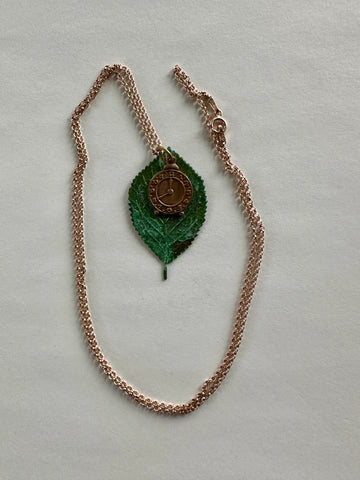 Rose Gold, brass Clock Moldavite leaf pendant 24” necklace