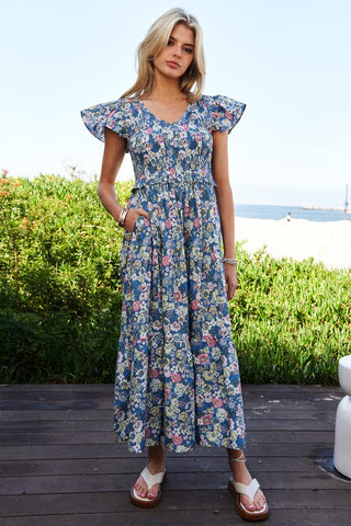 Vintage Garden Floral Flutter Smocking Midi Dress