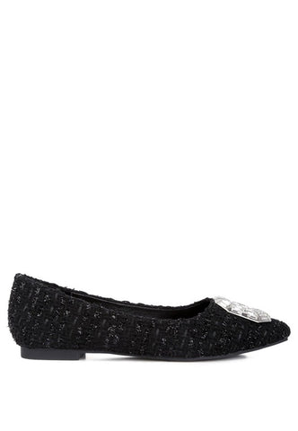 Aria Embellished Jewel Buckle Tweed Ballet Flats