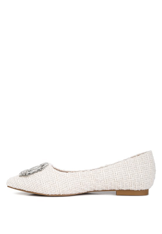 Aria Embellished Jewel Buckle Tweed Ballet Flats