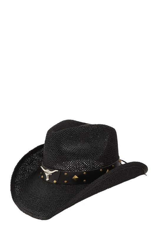 Cow Buckle and Cowboy Style Beaded Straw Hat