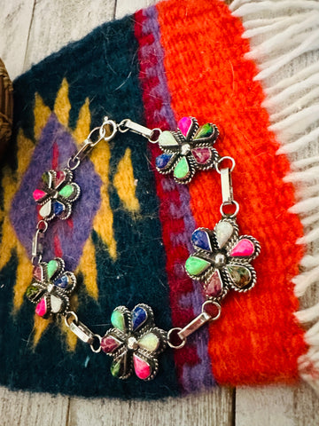 Zuni Multicolor Opal & Sterling Silver Flower Link Bracelet