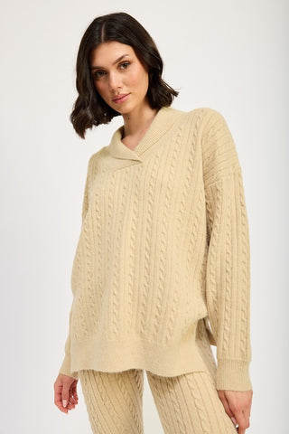 CABLE KNIT COLLARED SWEATER TOP