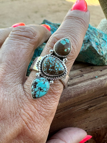 Handmade Sterling Silver & Three Stone Number 8 Turquoise Adjustable Ring