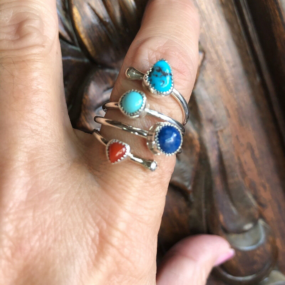 Navajo Turquoise, Lapis and Coral Sterling Silver ring