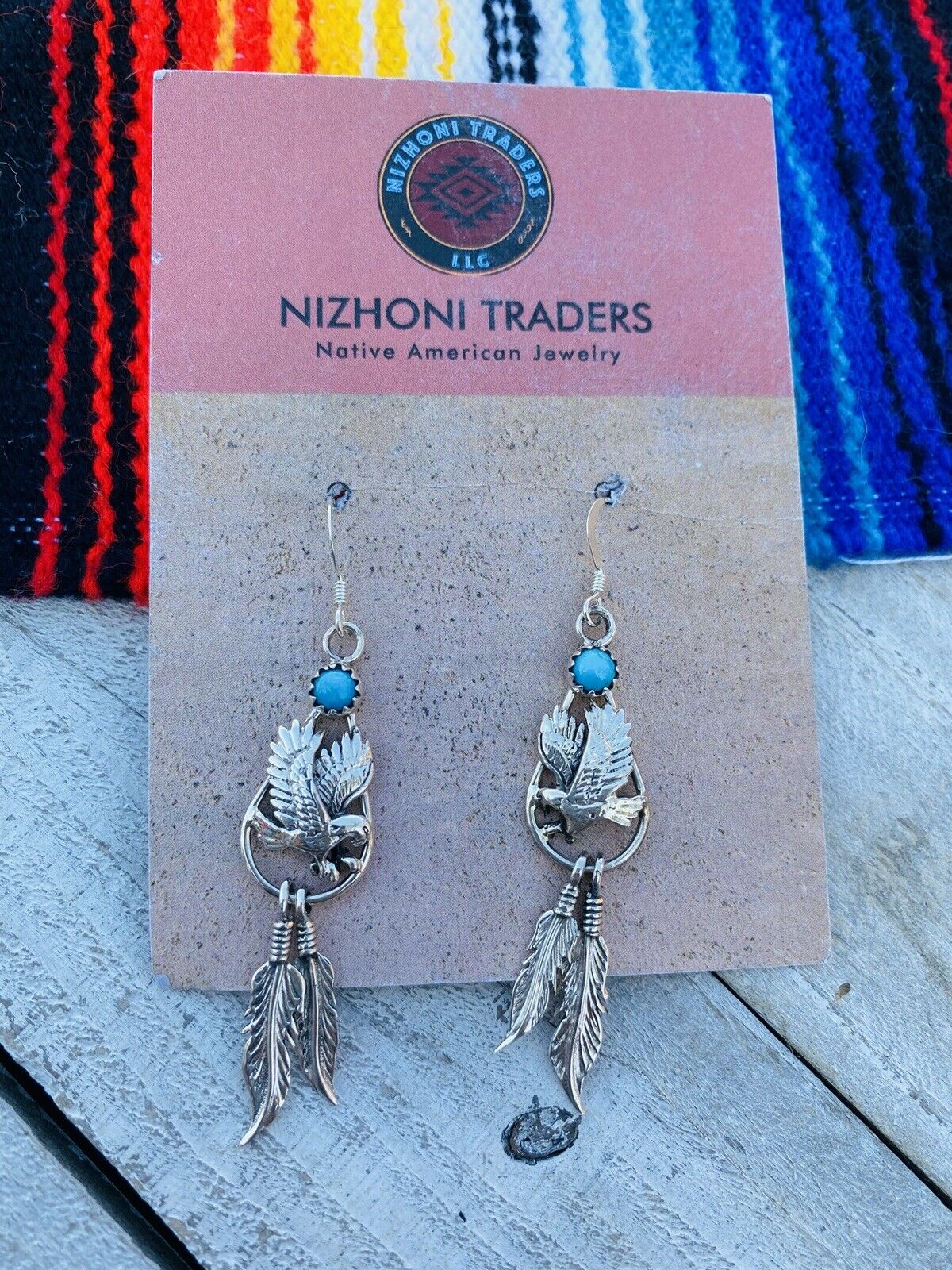 Navajo Sterling Silver  Turquoise Feather Dangle Earrings