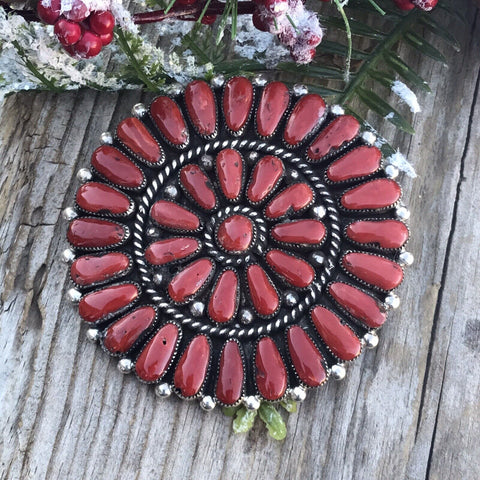 Navajo Jumbo Sterling Silver  Natural Red Coral Cluster Pendant/pin Signed