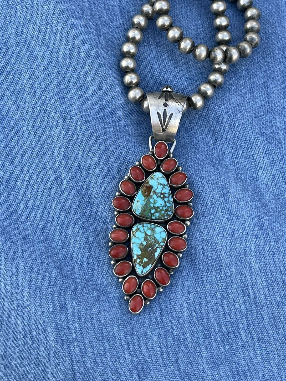 Navajo Sterling 2 Stone Kingman Web Turquoise & Red Coral Taos Pendant