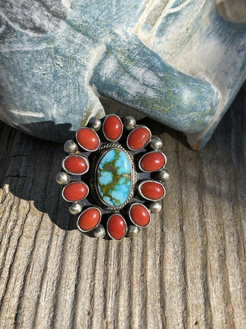 Navajo Sterling Silver Kingman Web Turquoise & Red Coral Taos Ring Sz 7