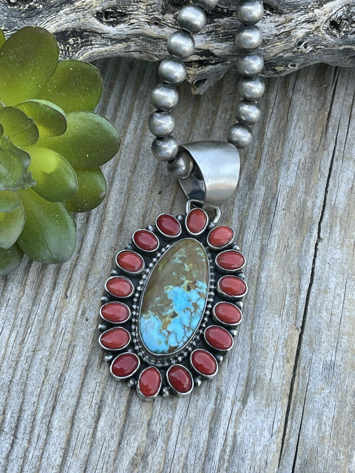 Navajo Sterling Silver Kingman Web Turquoise & Red Coral Taos Cluster Pendant