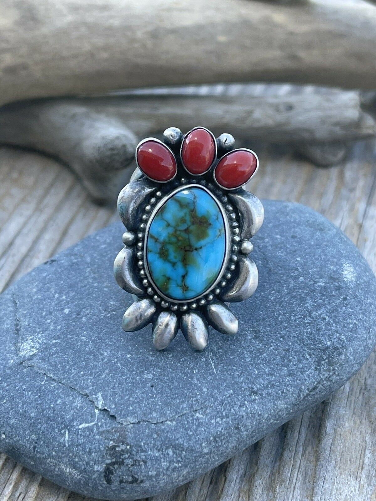 Navajo Sterling Kingman Web Turquoise & Red Coral Taos Collection Ring Sz 6