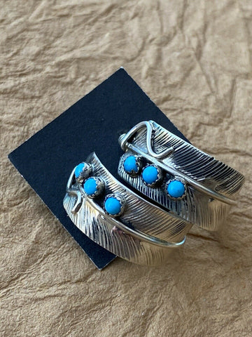 Navajo Sterling Silver & Turquoise Feather Hoop Earrings