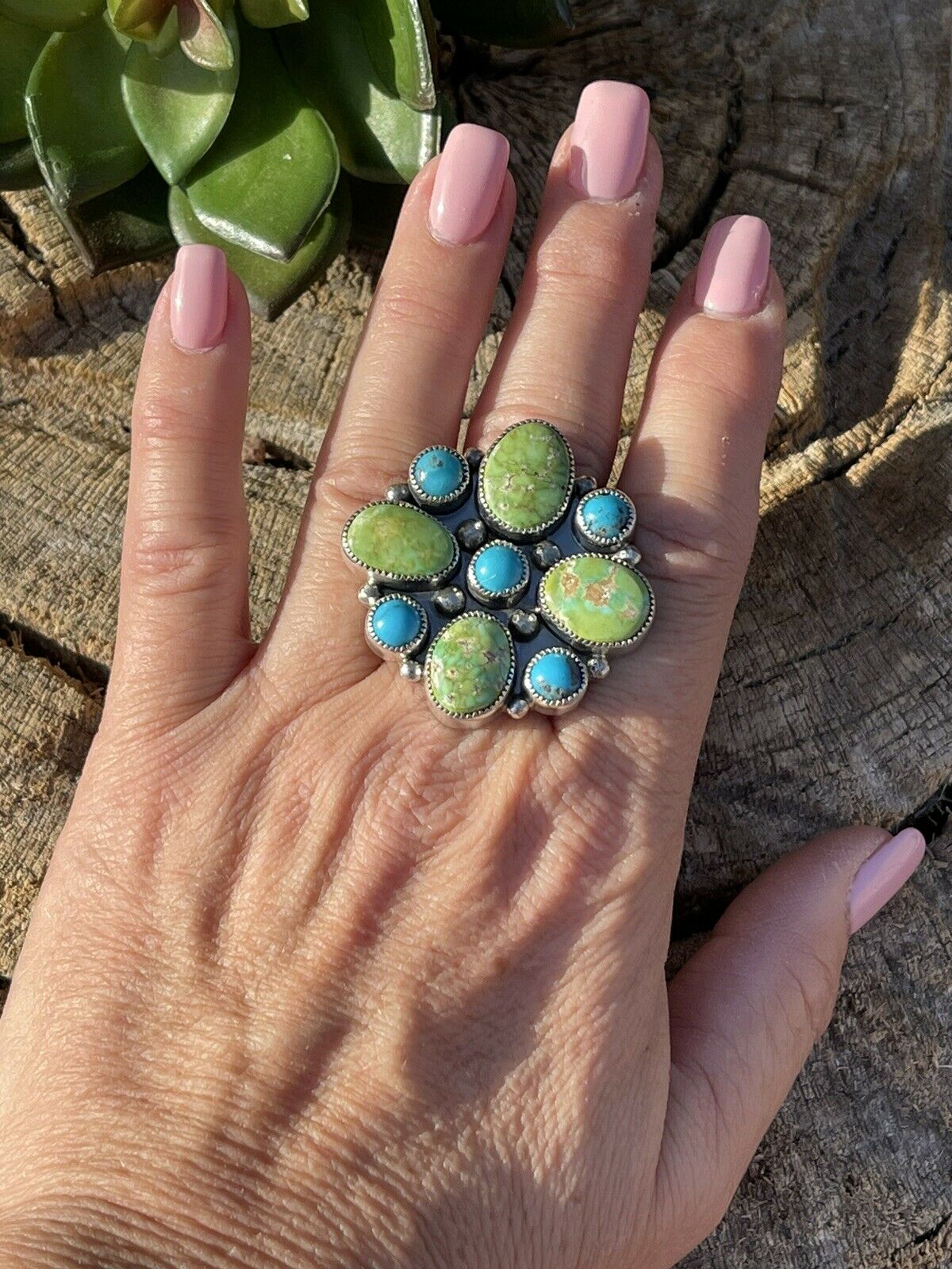 Navajo Sterling Sonoran Gold And Golden Hills Turquoise Cluster Ring Size 7