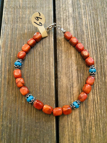 Navajo Coral, Turquoise & Sterling Silver Beaded Bracelet