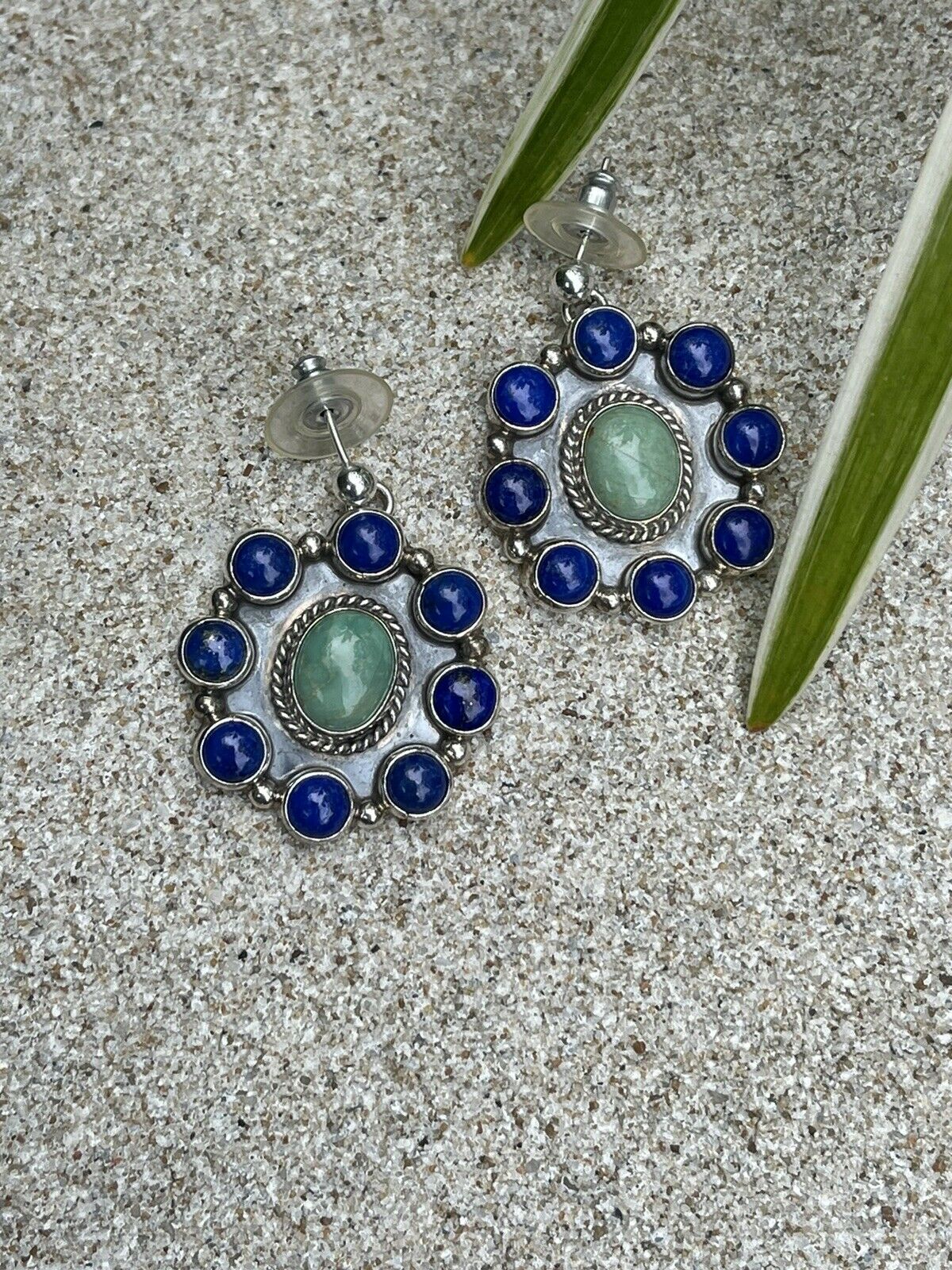 Navajo Sterling Silver Lapis & Turquoise Stone Cluster Dangle Earrings B. Lee