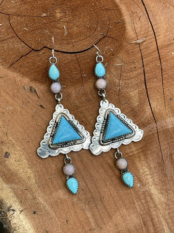 Navajo Sterling Southwest Triangle Pink Jasper Turquoise  Hook Dangle Earrings