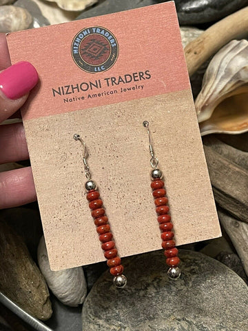 Navajo Sterling Silver Apple Coral Beaded Dangle Earrings