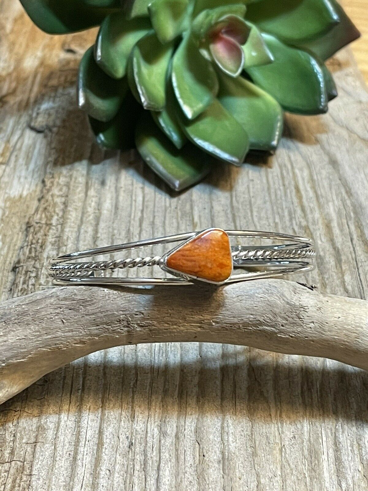 Navajo Triangle Orange Spiny Sterling Silver Bracelet Rope Style Cuff