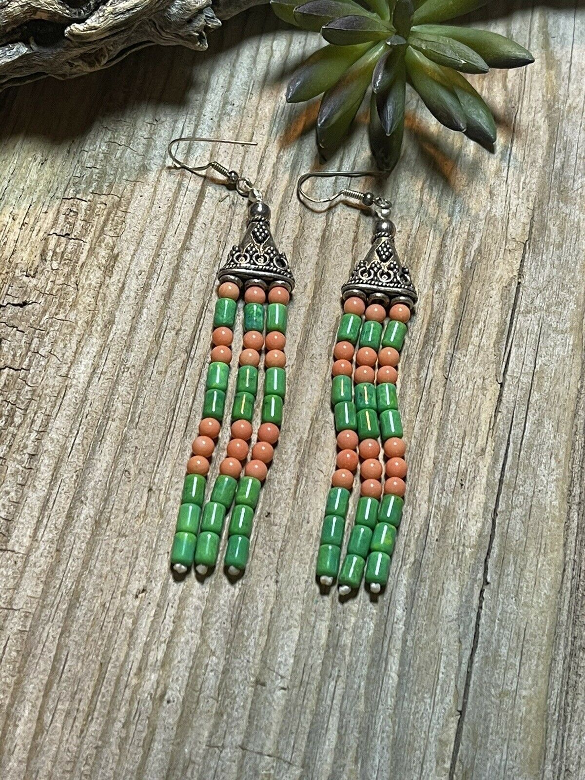 Navajo Sterling Dyed Green Kingman Turquoise and Pink Coral Bead Earrings