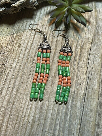 Navajo Sterling Dyed Green Kingman Turquoise and Pink Coral Bead Earrings