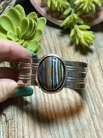 Unique Navajo Sterling Silver & Rainbow Stone Signed Cuff Bracelet