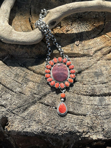 Navajo Purple & Orange Spiny Sterling Silver Drop Cluster Necklace Signed Begay