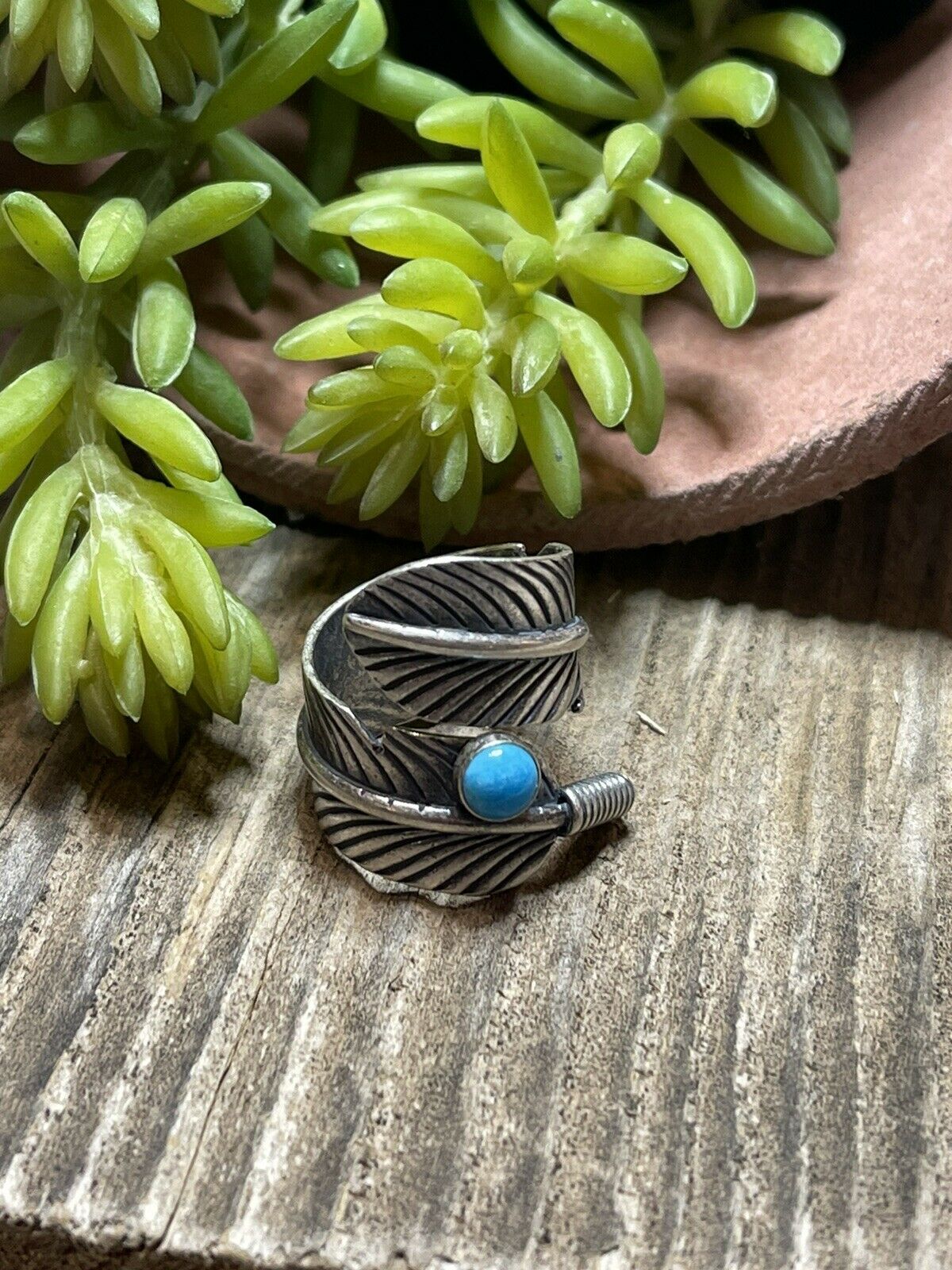 Navajo Sterling Silver & Turquoise Single Feather Adjustable Ring