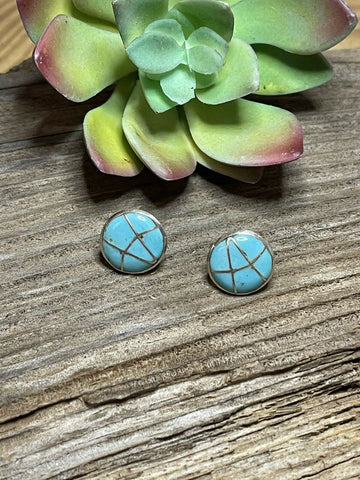 Navajo Sterling Silver & Turquoise Inlay Circle Post Earrings Signed K