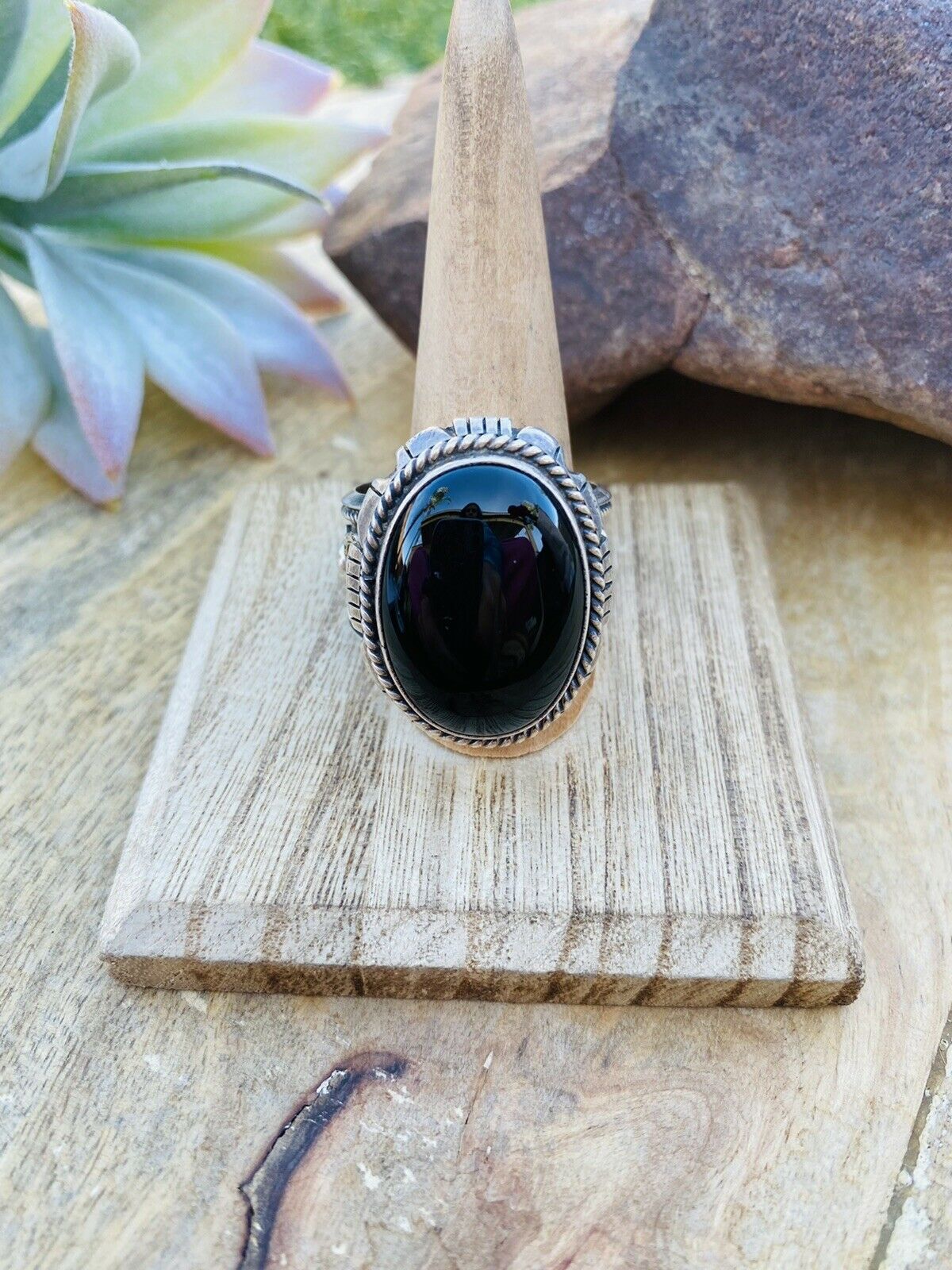 Navajo Sterling Silver & Black Onyx Ring Size 13.5 Signed