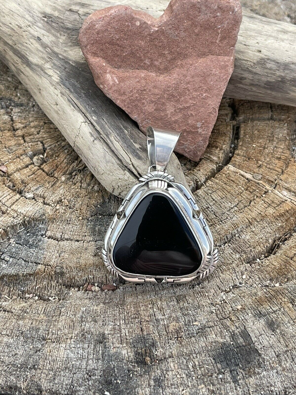 Navajo Sterling Silver Black Onyx Elegant Triangle Pendant Signed