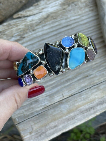 Navajo Multi Stone & Gem Sterling Silver Cuff Bracelet Signed