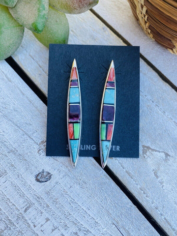 Navajo Multi Stone And Sterling Silver Inlay Dangle Earrings