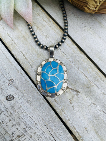 Vintage Zuni Turquoise & Sterling Silver Inlay Pendant Signed