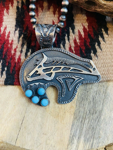 Navajo Turquoise & Sterling Silver Fetish Bear Pendant Signed