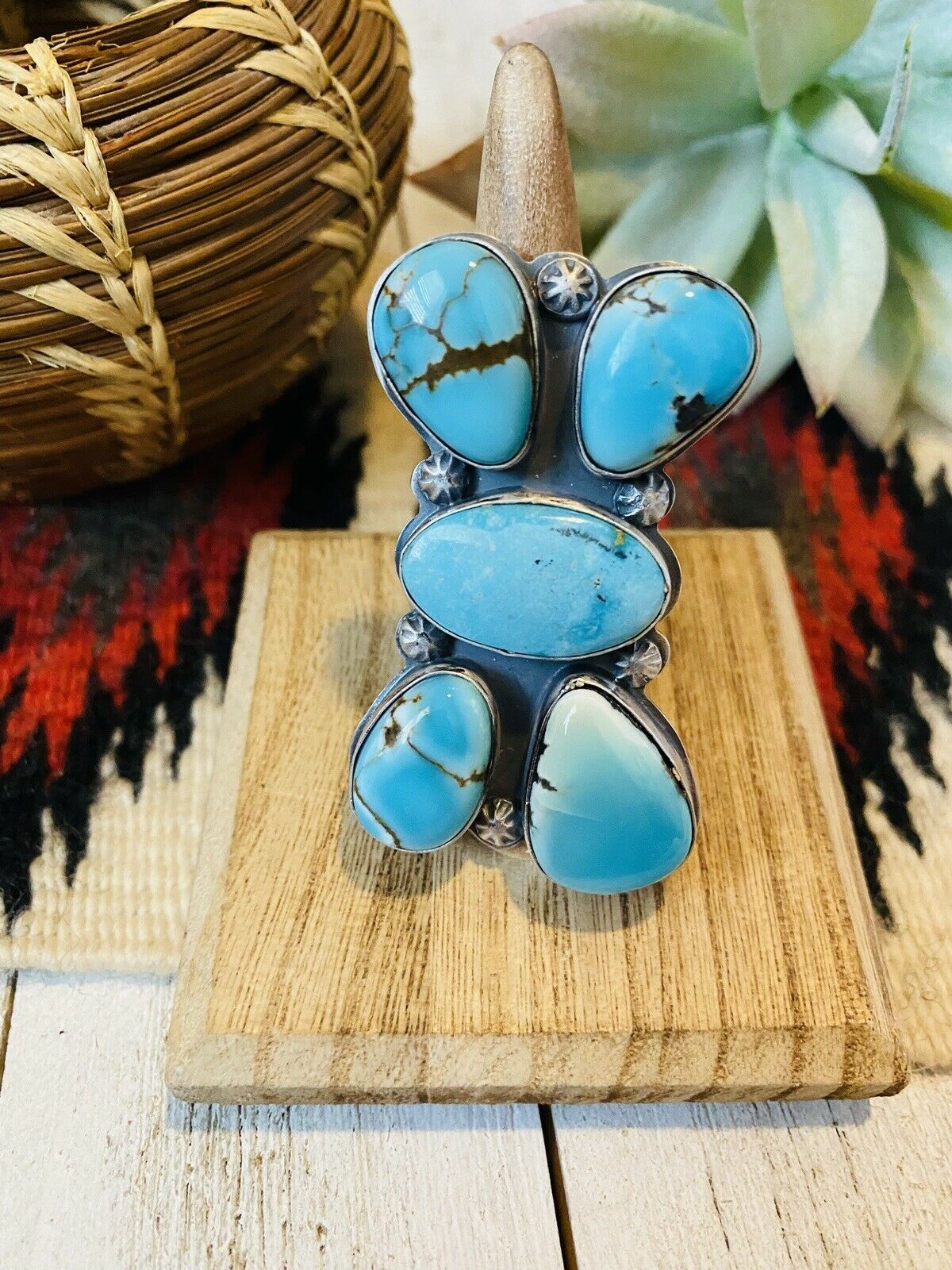 Navajo Turquoise & Sterling Silver Adjustable Ring Signed