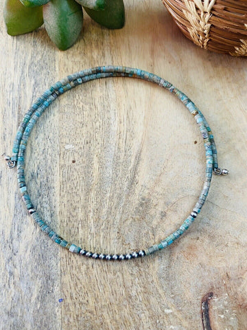 Navajo Handmade Turquoise & Sterling Silver Beaded Wrap Choker Necklace