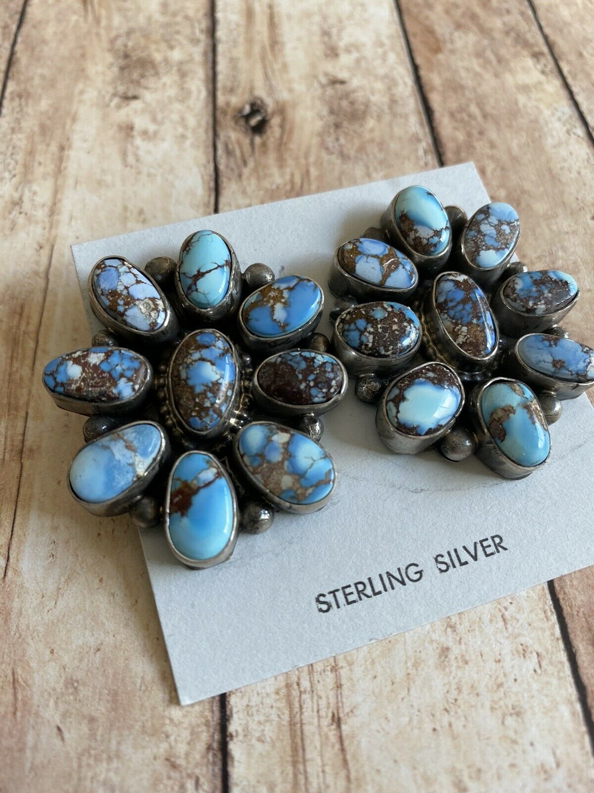 Navajo Sterling Silver & Golden Hills Turquoise  Cluster Post Earrings Signed