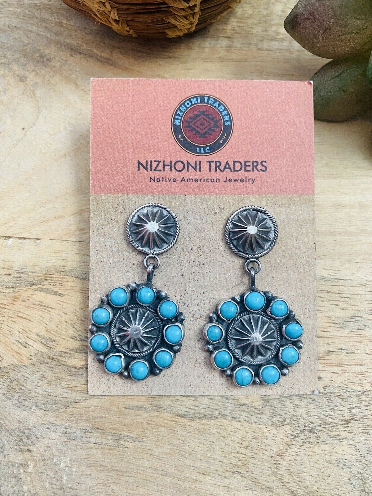 Navajo Turquoise & Sterling Silver Concho Dangle Earrings Signed