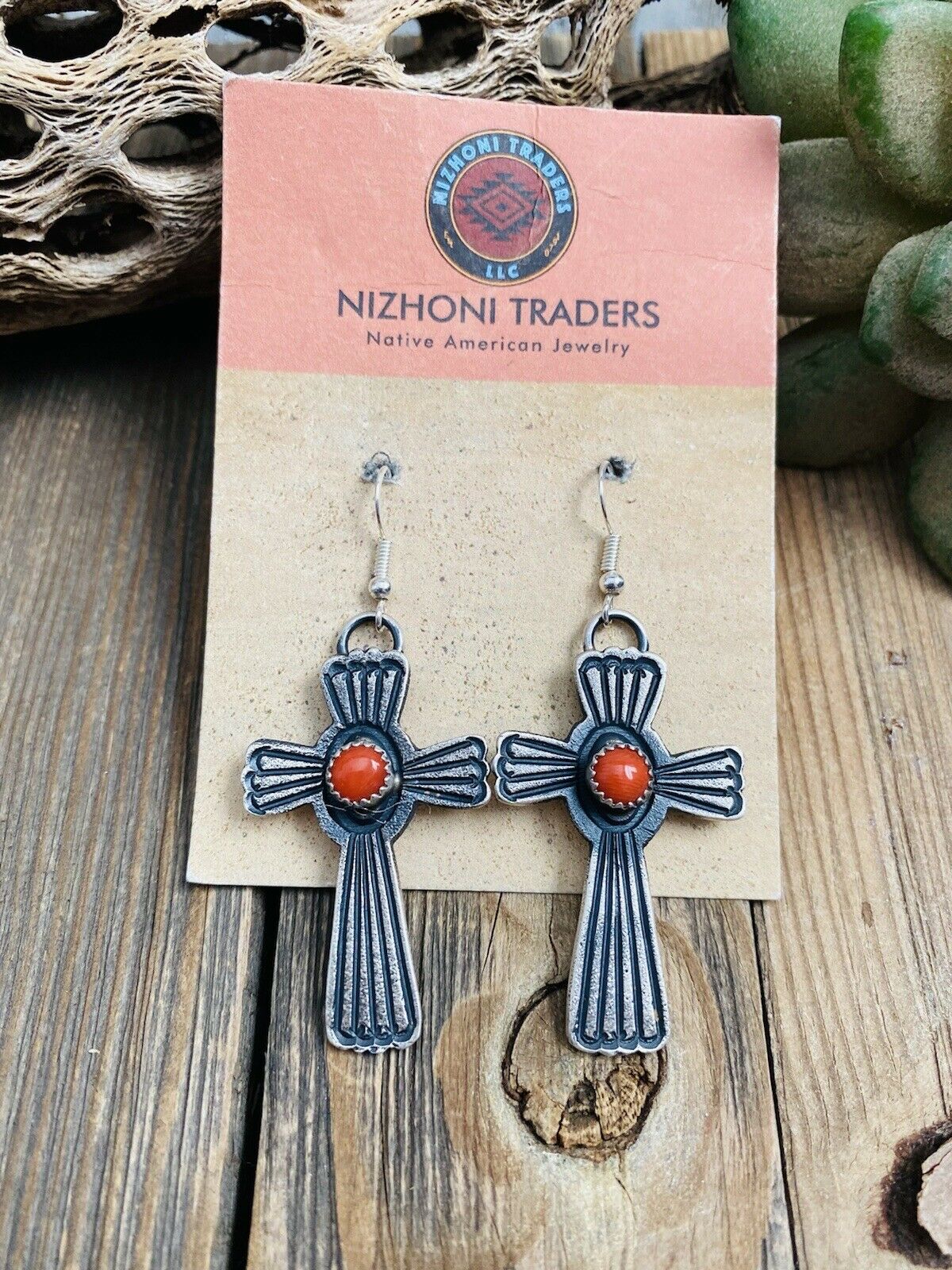 Navajo Coral & Sterling Silver Cross Dangle Earrings By Kevin Billah