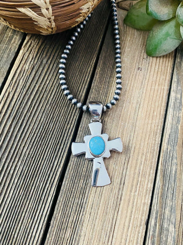 Navajo Sterling Silver & Turquoise Cross Pendant Signed