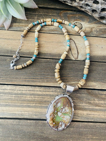 Navajo Jasper, Turquoise And Sterling Silver Beaded Necklace & Pendant Signed