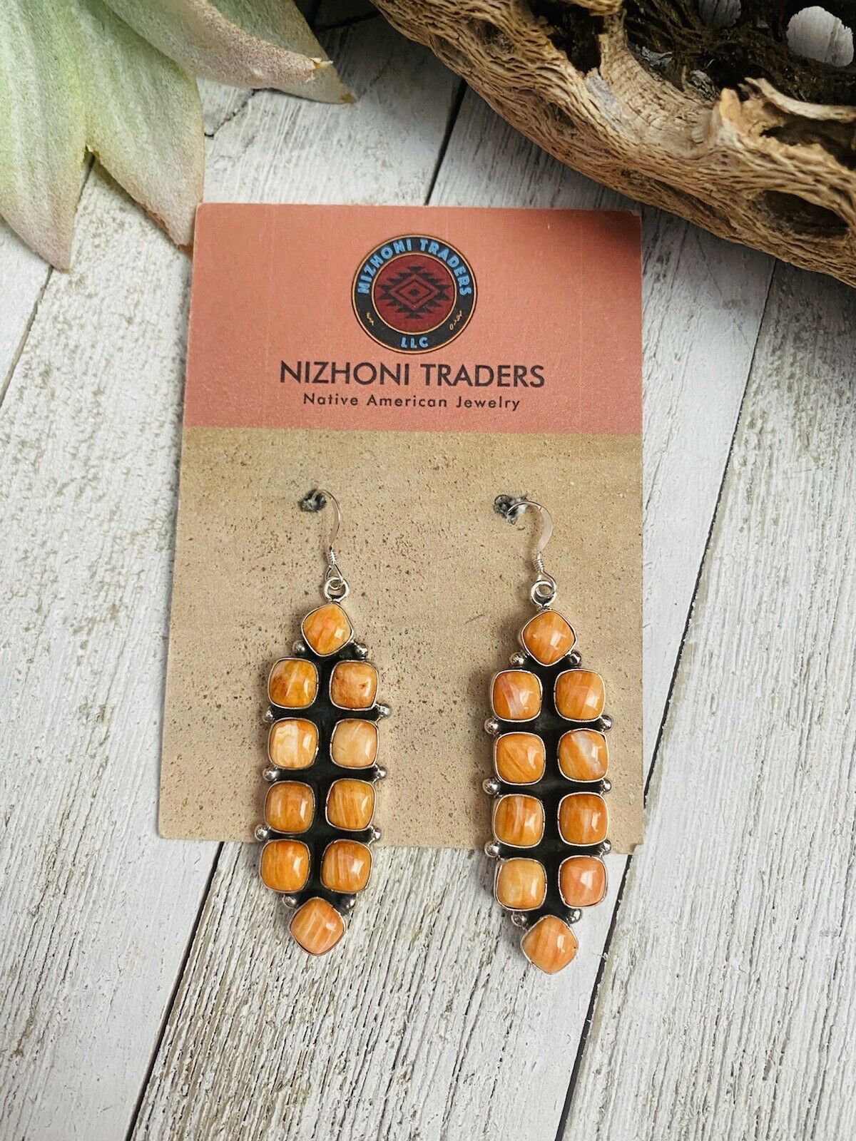 Navajo Sterling Silver & Orange Spiny Oyster Dangle Earrings