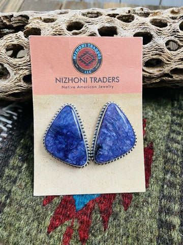 Navajo Charoite And Sterling Silver Post Earrings Signed