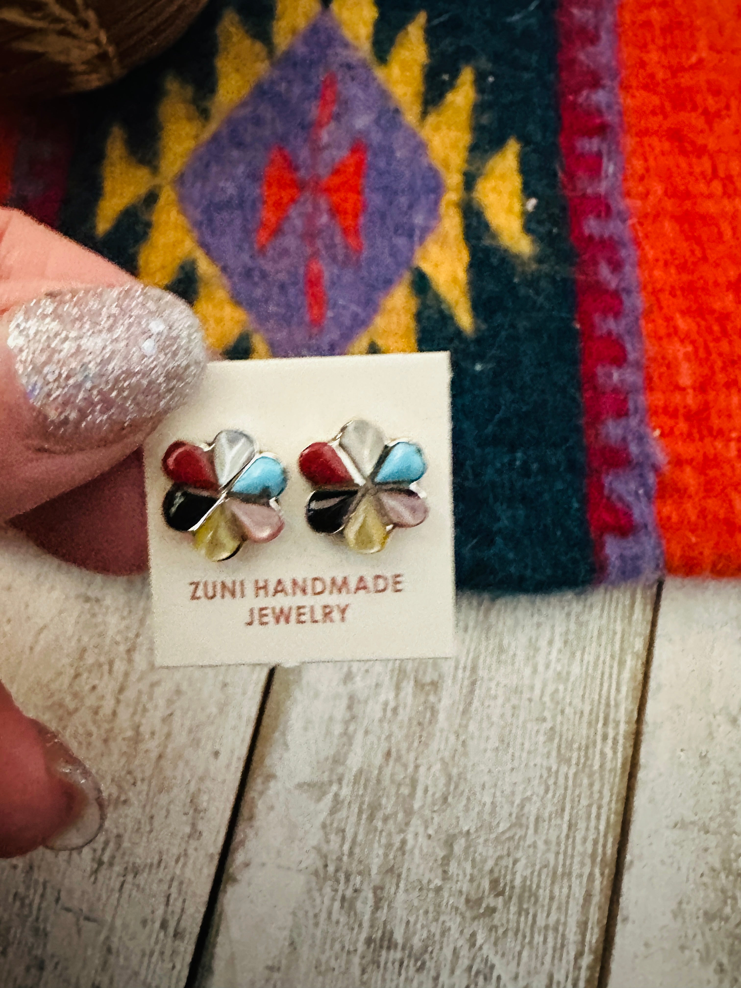 Zuni Multi Stone & Sterling Silver Flower Stud Earrings