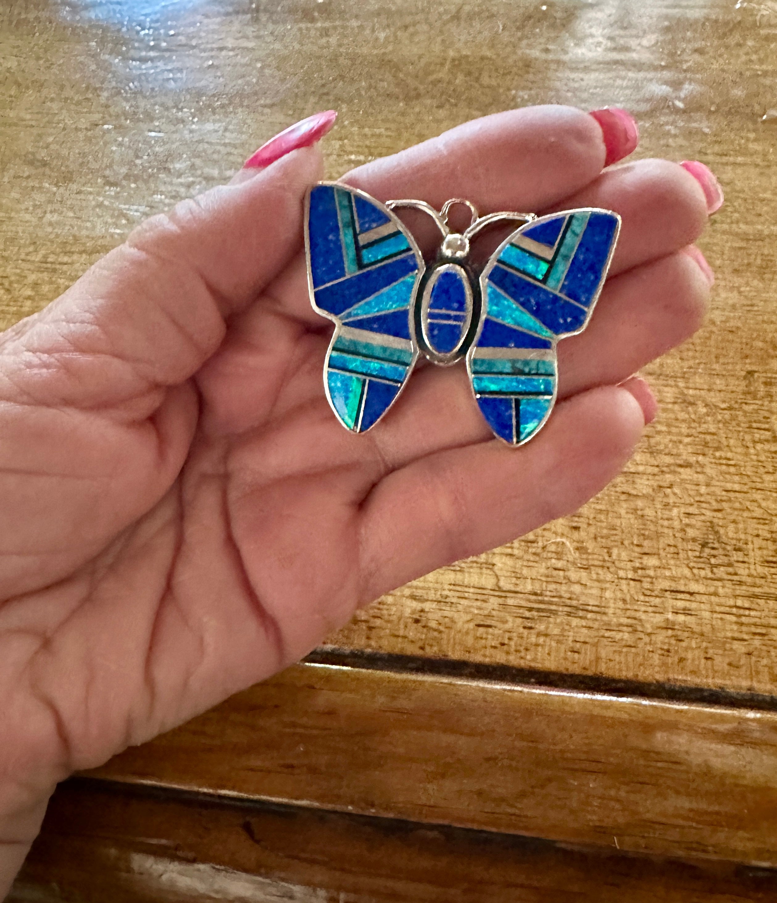 Navajo Lapis, Turquoise, Blue Opal Butterfly Inlay Pendant