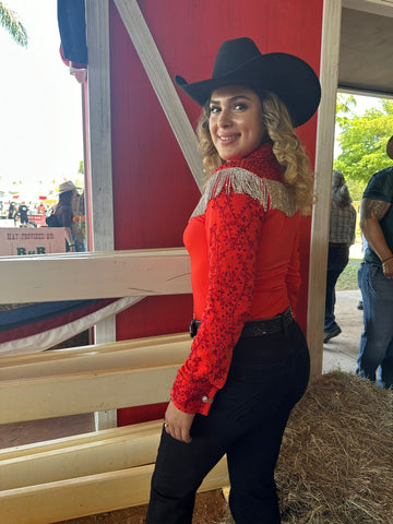 Red Embellished Embroidered Show Top With Stone Fringe