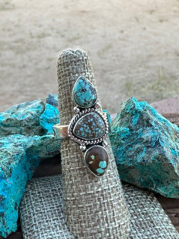 Handmade Sterling Silver & Three Stone Number 8 Turquoise Adjustable Ring