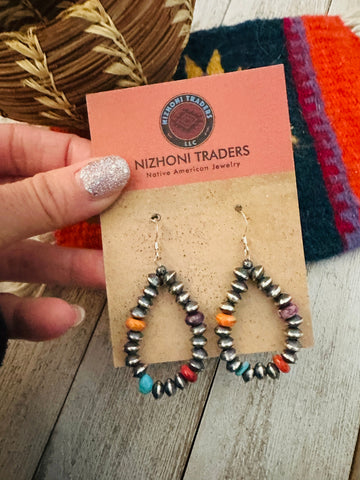 Navajo Multi Stone & Sterling Silver Beaded Hoop Earrings