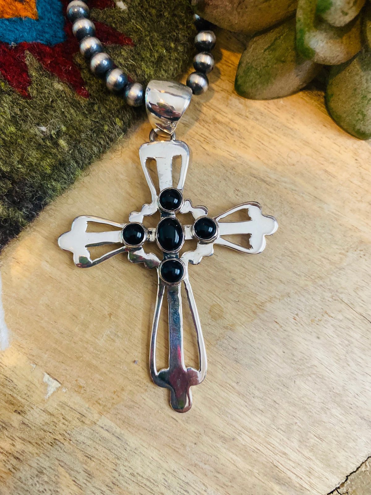 Navajo Onyx & Sterling Silver Cross Pendant Signed